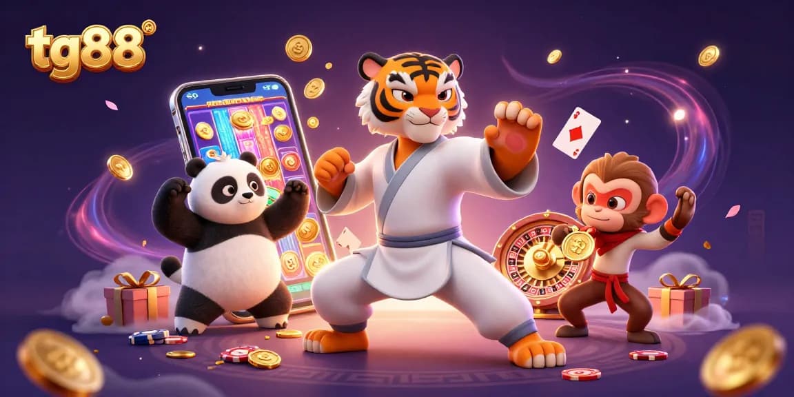 Experience the excitement at tg88 with a dynamic 3D casino scene featuring playful characters and colorful slot games.