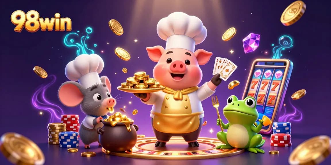 Experience excitement with 98win as the chef pig serves gold coins amidst casino elements.