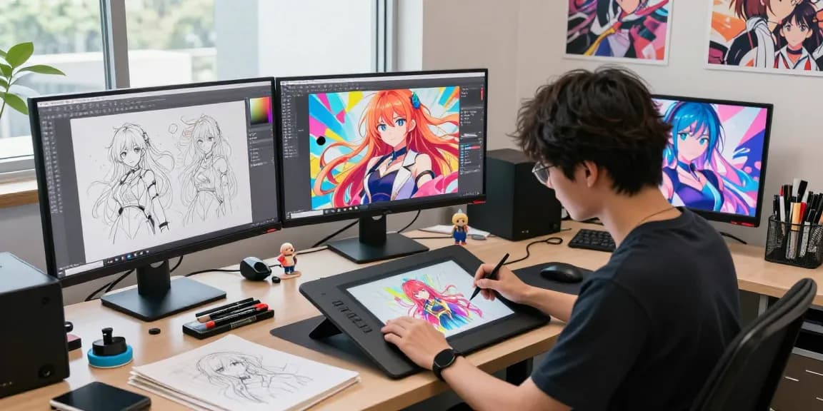 Creative process for ai ecchi digital art design in a vibrant studio
