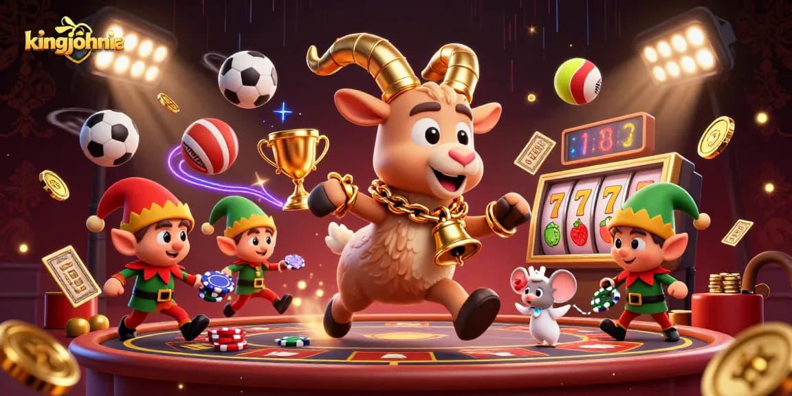 Experience the thrill of kingjohnnie's casino with a festive Krampus and playful characters.
