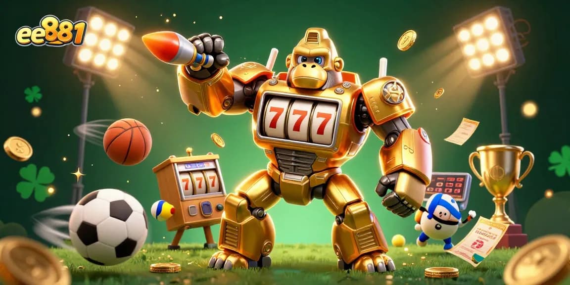 Experience thrilling gaming with ee881 and a vibrant 3D illustration of a golden gorilla mech surrounded by dynamic sports elements.