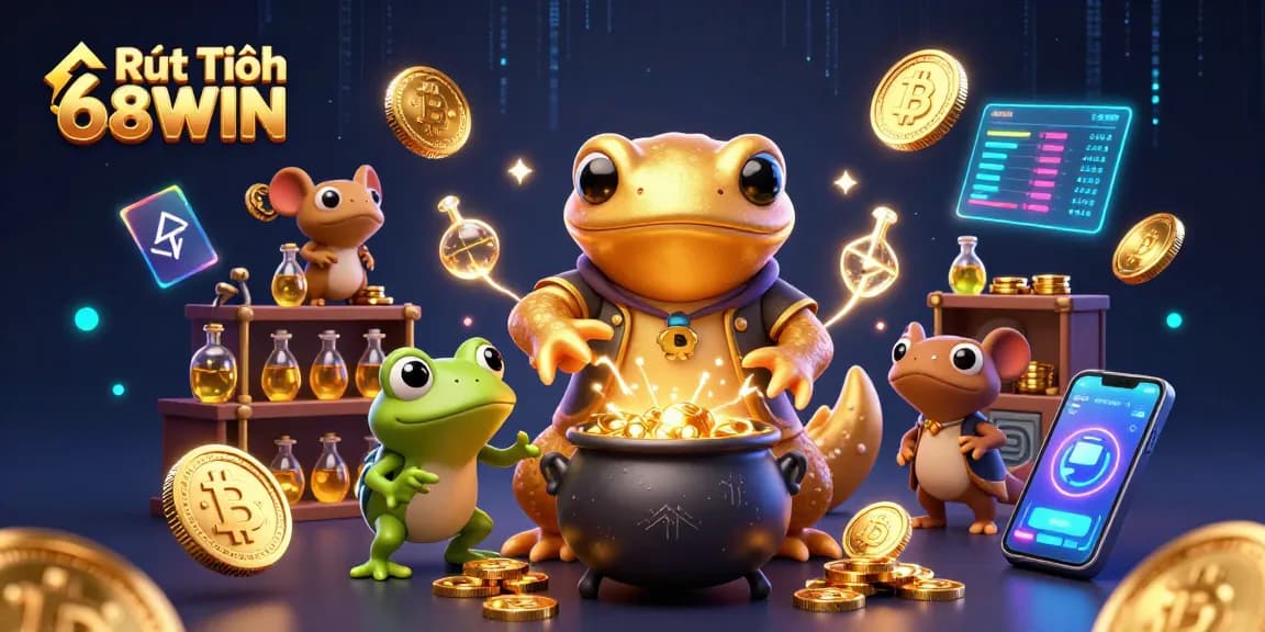 Experience Rút Tiền 68WIN dynamically with vibrant visuals showcasing gold conversion, crypto elements, and lively characters.