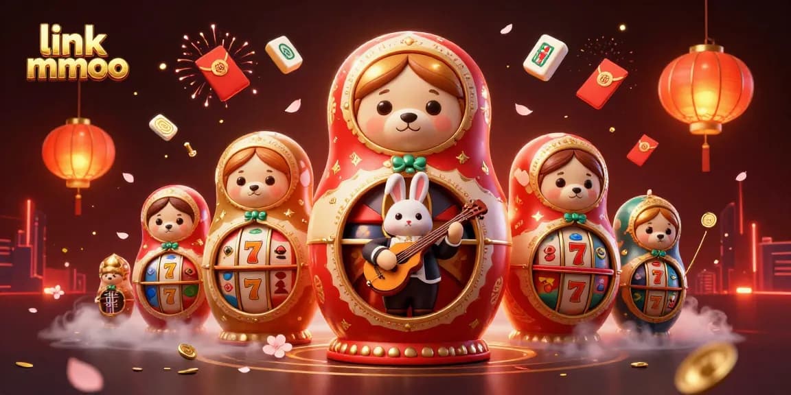 Link mmoo showcases a fun casino scene with Matryoshka bears and vibrant game elements.