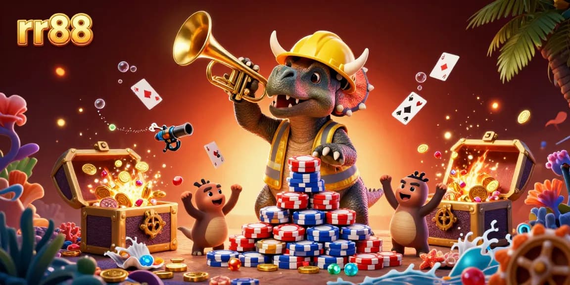 Experience thrilling gaming action with rr88's vibrant triceratops and parasaurolophus in a colorful casino scene.