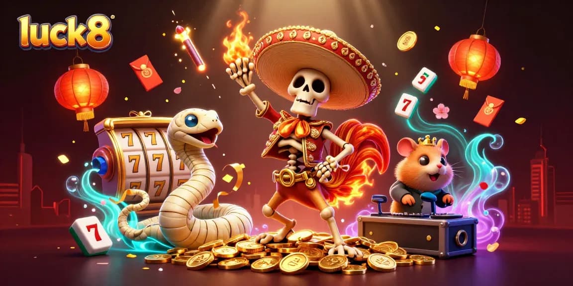 Experience winning at luck8 with vibrant 3D characters celebrating on golden coins in a festive casino atmosphere.