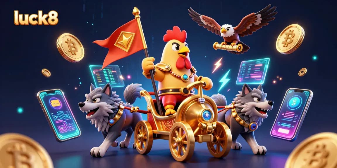 Win big at luck8 casino with a 3D rooster warlord and crypto coins in a dazzling illustration.