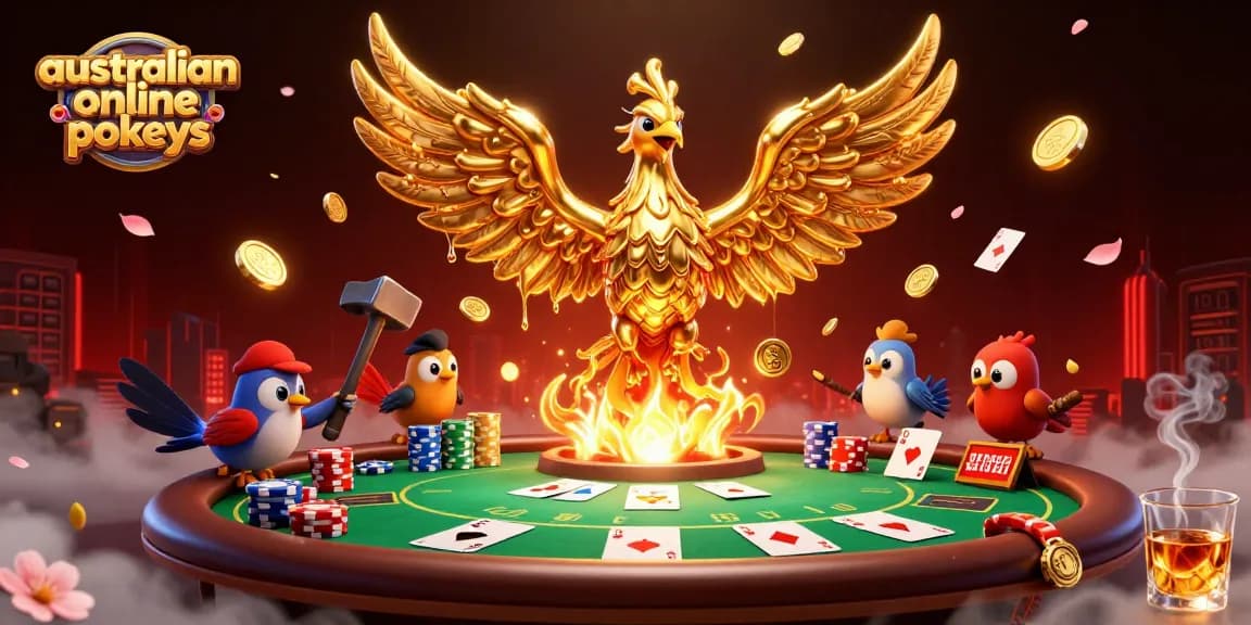 Experience the excitement of australian online pokies with a golden phoenix and vibrant poker elements.