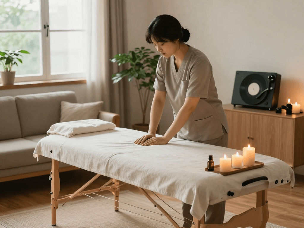 용인출장마사지 service setup with a professional therapist, portable massage table, and calming atmosphere.