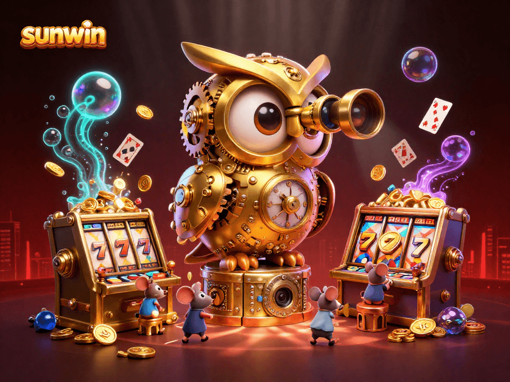 Engage in thrilling gameplay at sunwin as a golden owl oversees a bustling casino.
