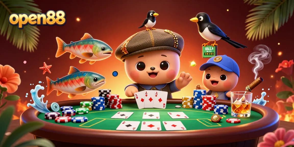 open88 immerses players in a vibrant poker scene with adorable characters and colorful game elements