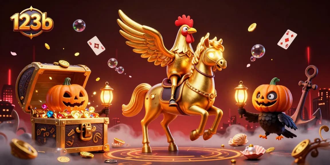 Experience excitement at 123b as golden rooster rides through a vibrant casino scene.