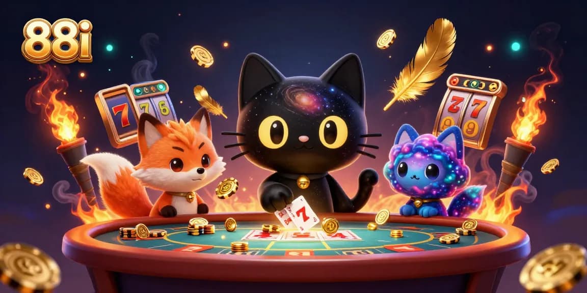 88i casino scene showcasing a black hole cat and nebula fox attracting golden chips and jackpot reels amidst vibrant gaming elements.