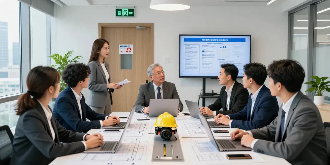 Team discussing exit door safety regulations in a modern office.