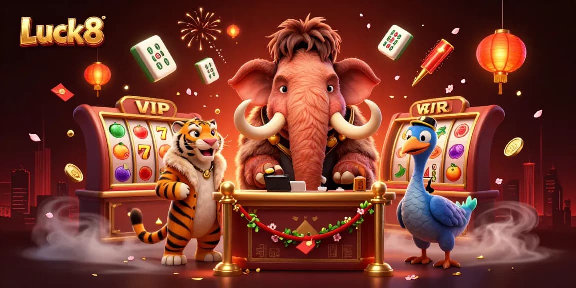 Luck8 gaming scene with a woolly mammoth bouncer, tiger guest, and vibrant slot elements.