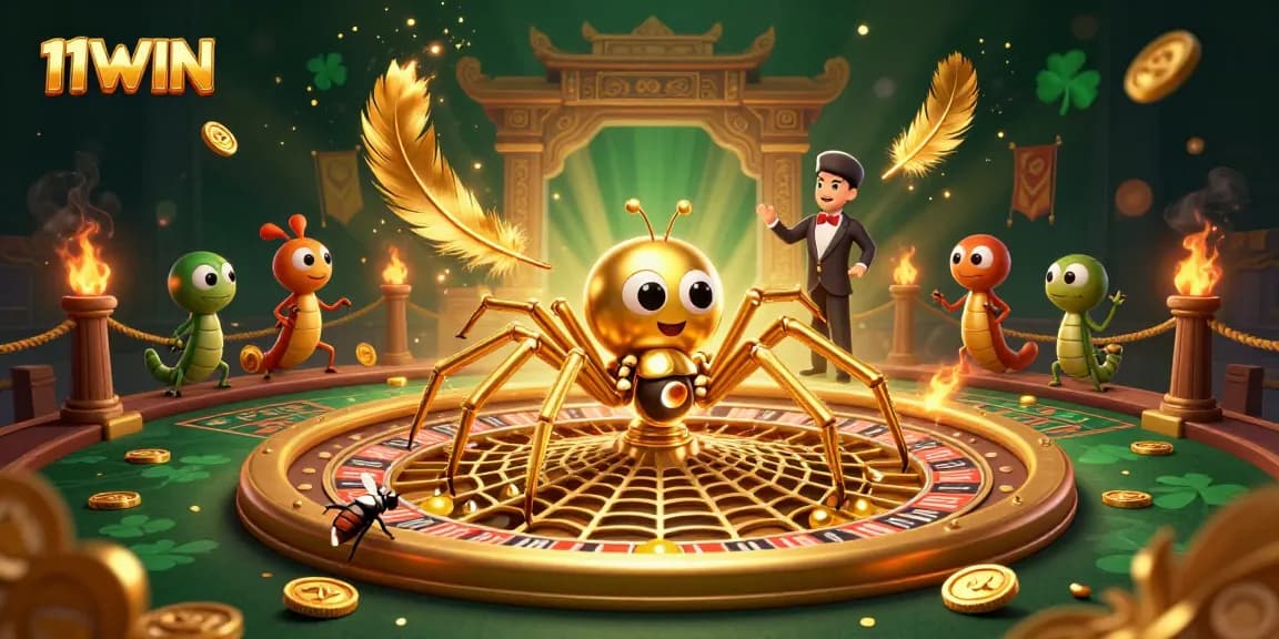 Engage in thrilling bets at 11WIN with a spider-themed roulette scene featuring rich casino elements.