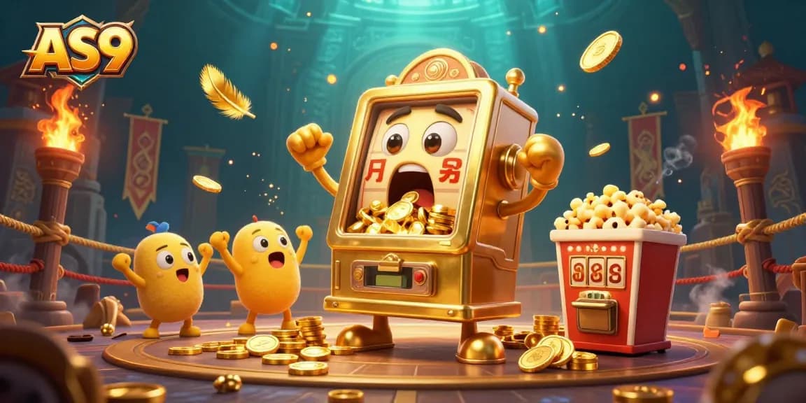 AS9 captures a lively scene with a golden slot machine celebrating a jackpot, filled with coins and cheering companions.