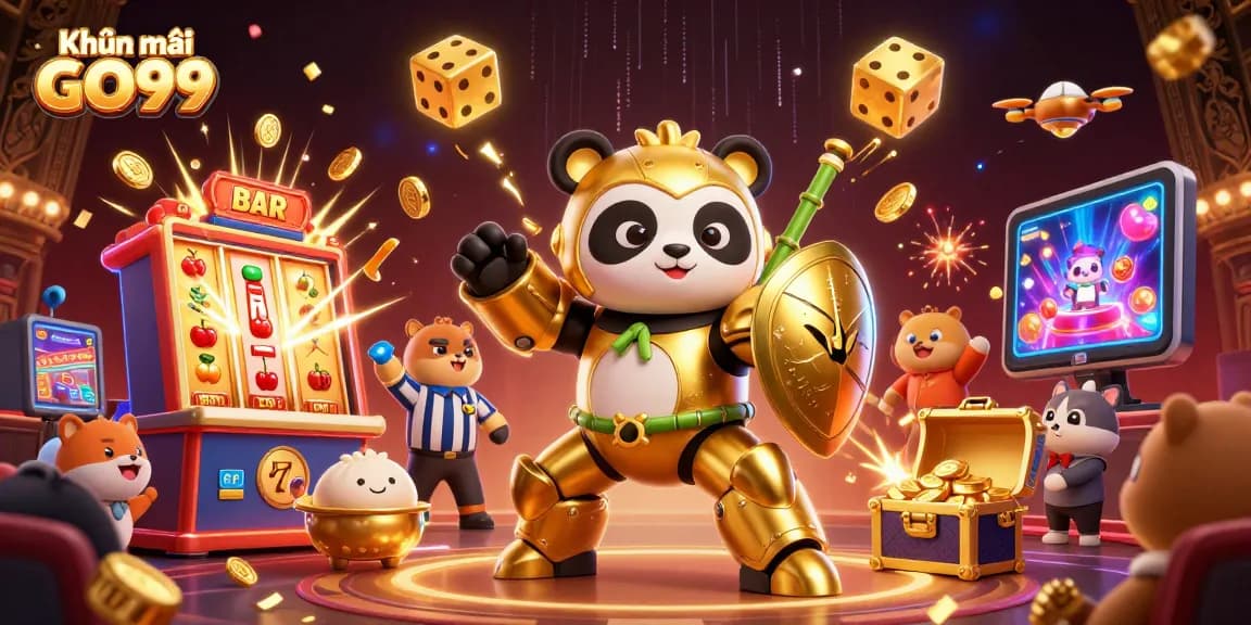 Experience thrilling Khuyến mãi GO99 with golden panda and jackpot explosions in this vibrant illustration.