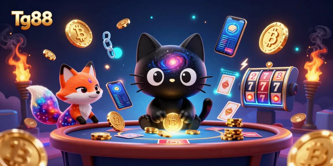 Tg88 offers a vibrant casino experience with dynamic characters pulling in chips and cards.