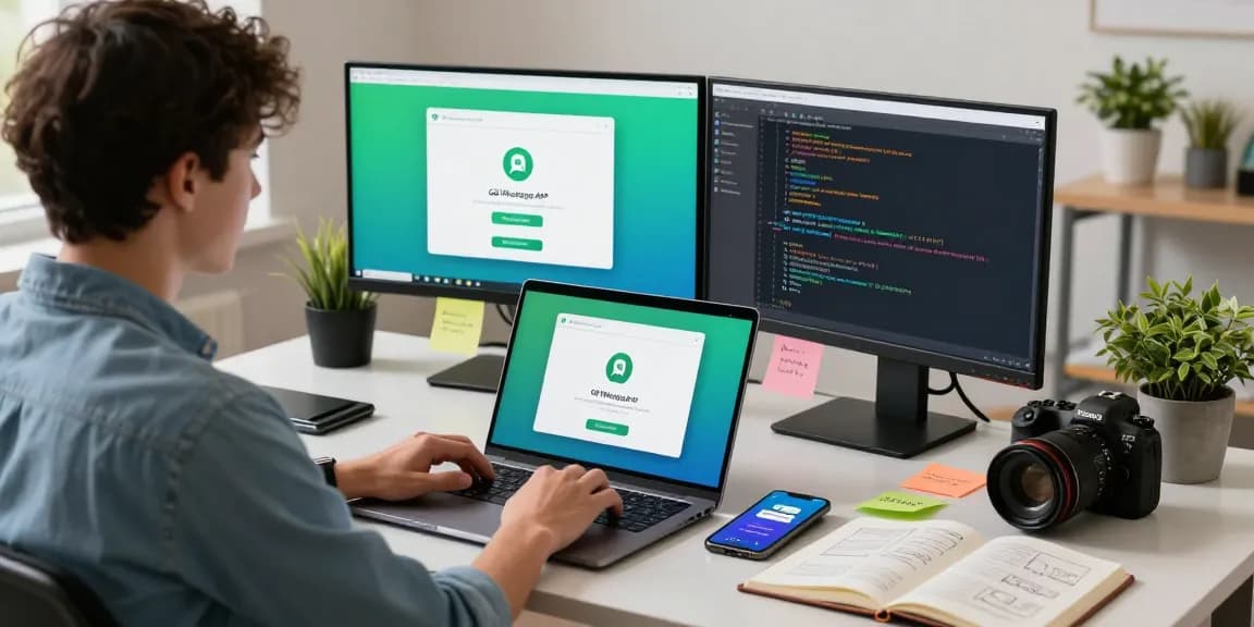 Downloading GB WhatsApp APK in a modern workspace with dual monitors and laptop.