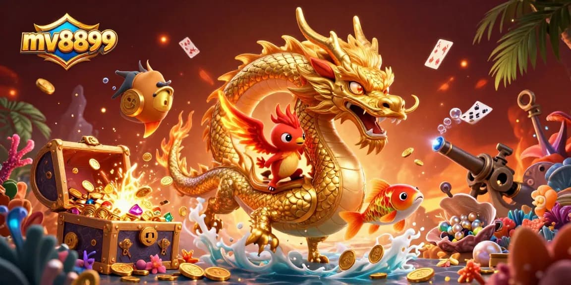 Experience mv8899's vibrant casino adventure featuring a golden dragon and flashy game elements.