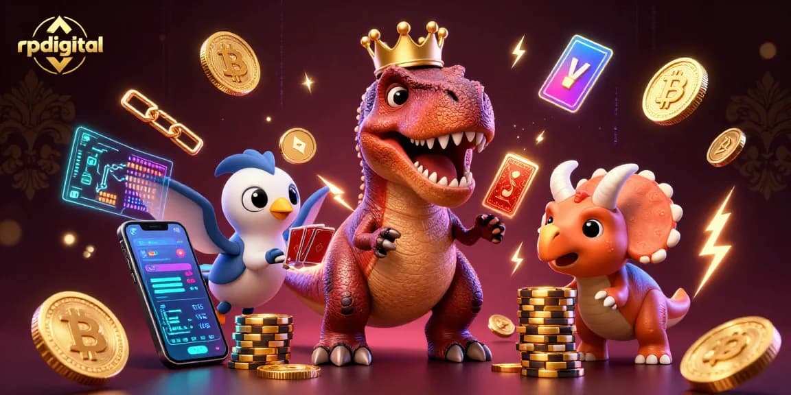 Engage with rpdigital's animated scene of dinosaurs playing cards while amidst crypto coins and casino elements.