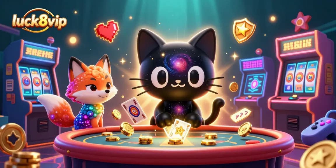 Engage with luck8vip at the ultimate cosmic casino, featuring vibrant gaming elements and characters.