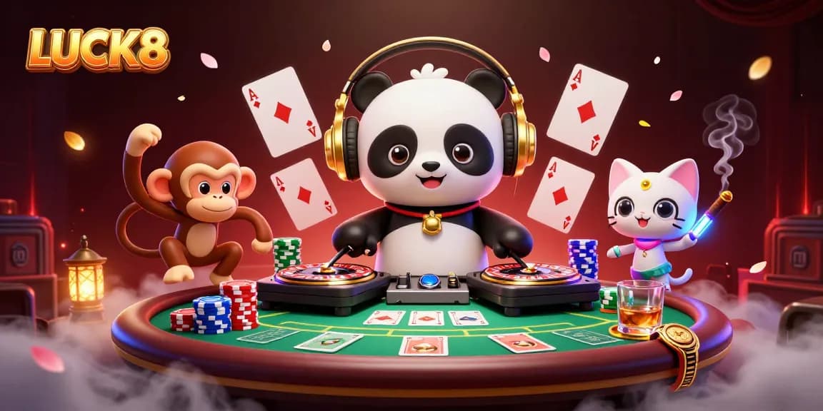 Experience excitement with LUCK8 in a vibrant 3D casino scene featuring playful characters and gaming elements.