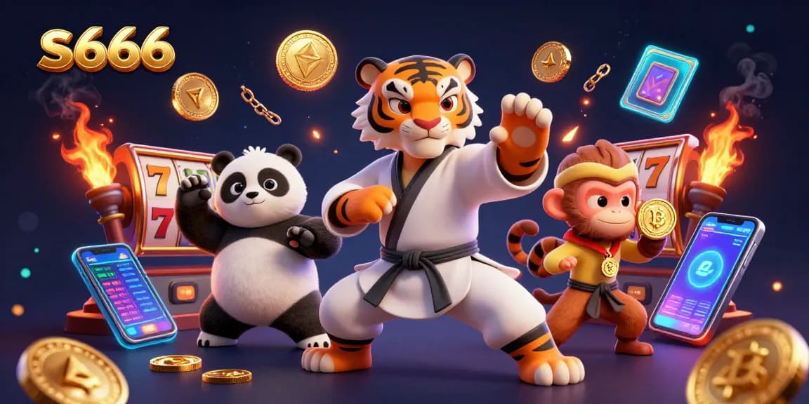 s666 online casino scene featuring kung fu tiger, panda, monkey, and slot game elements.