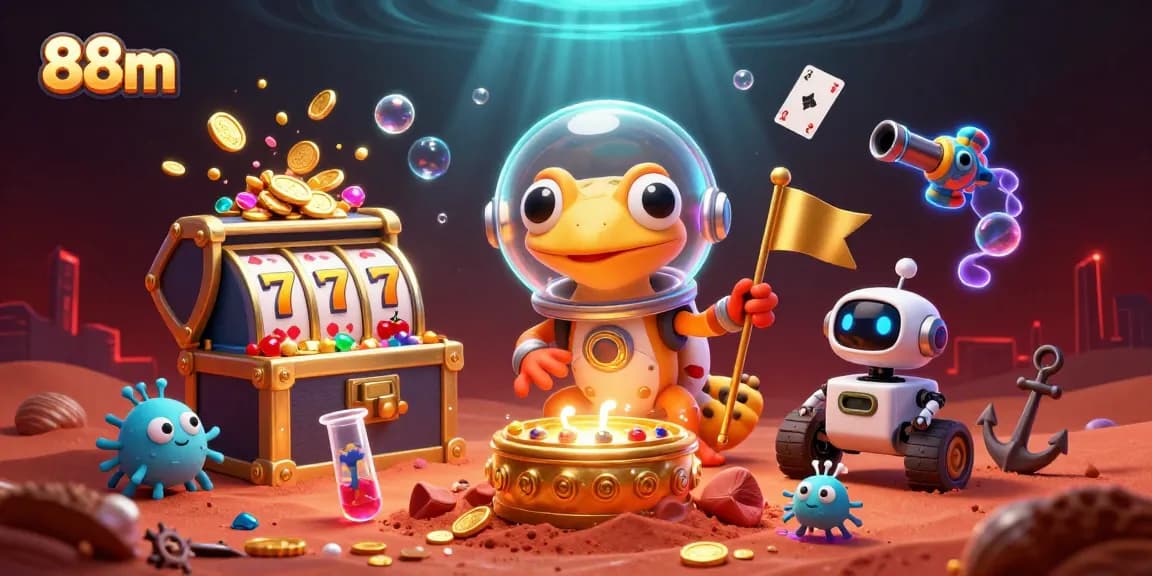 Experience thrilling gaming adventures at 88m with a vibrant 3D Martian illustration.