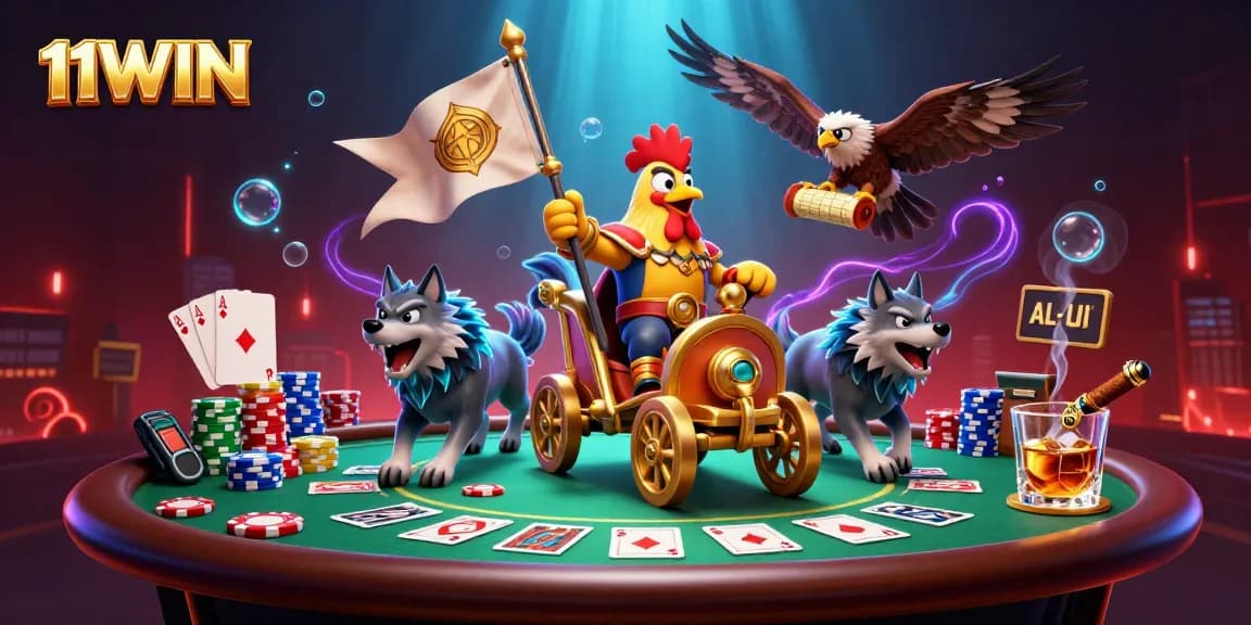 11WIN champions a dynamic casino scene with a rooster warlord, poker elements, and vibrant 3D visuals.