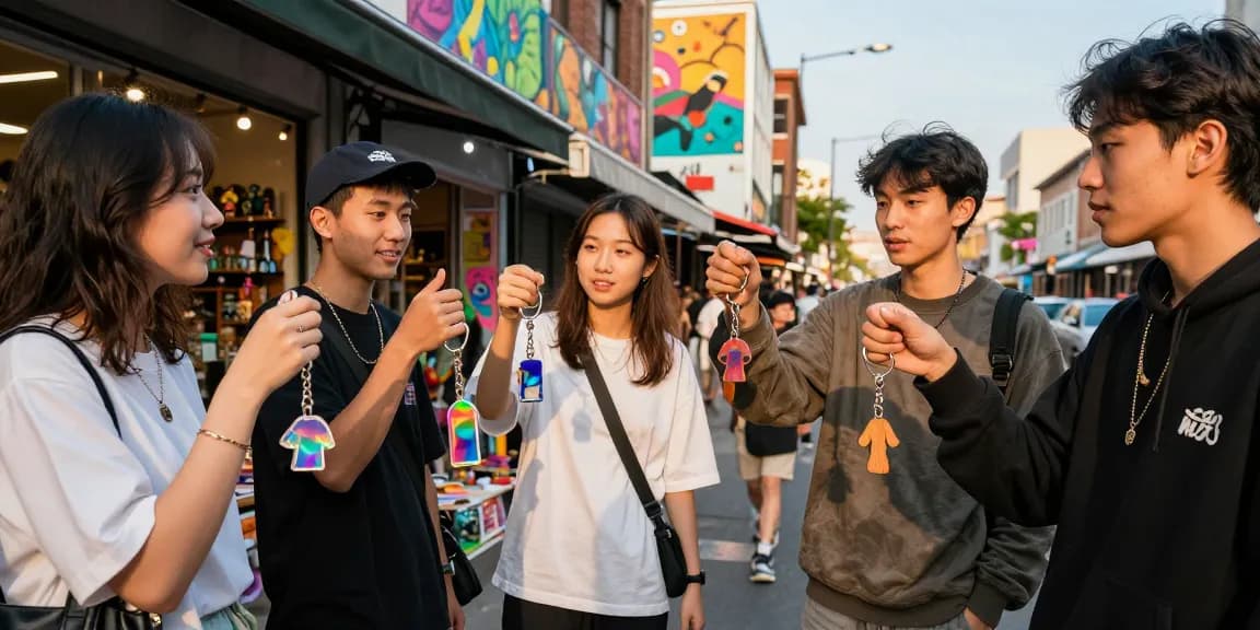 Engaged friends showcasing custom keychains in vibrant urban setting.