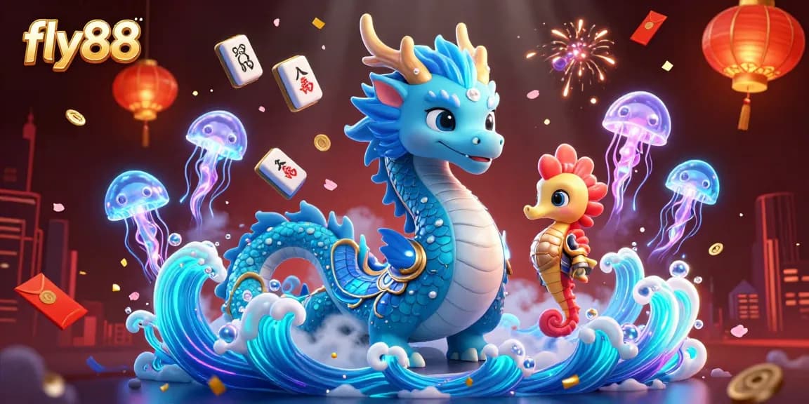 Engage with fly88's energetic gaming scene featuring a vibrant underwater dragon and seahorse knight.