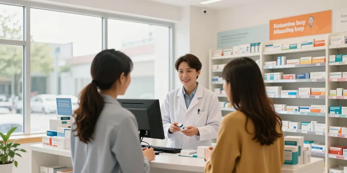Pharmacy staff assisting a customer in a bright store, featuring ketamine buy offerings among quality health products.