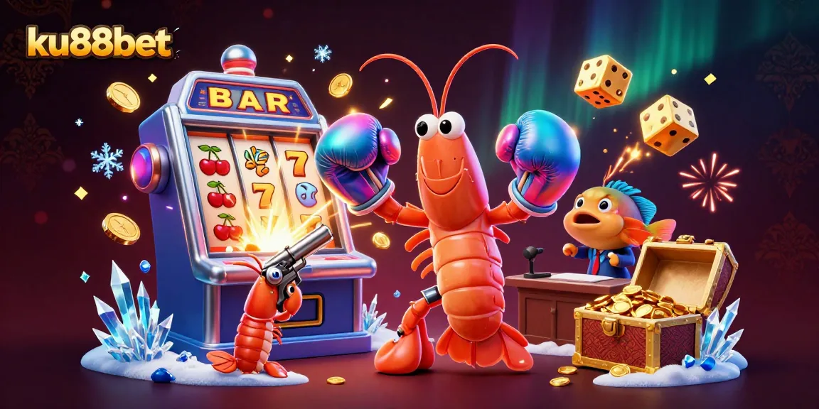 ku88bet showcases a vibrant casino scene with lively characters and a jackpot explosion, featuring slot machines.