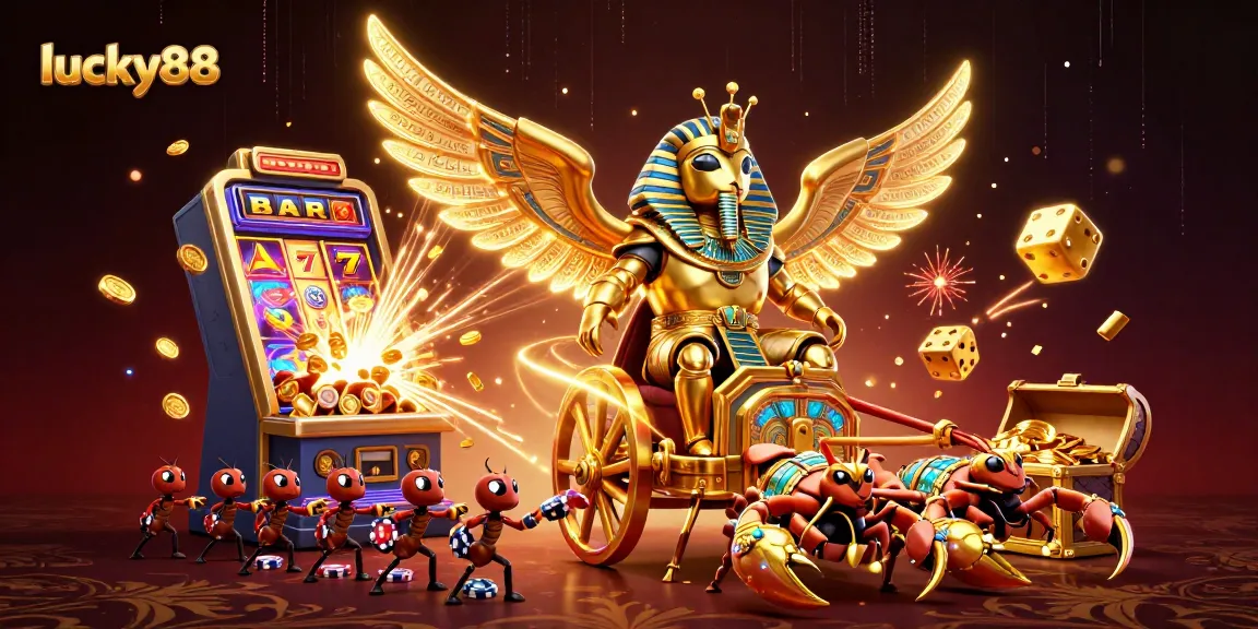 Engage with lucky88 as a colossal scarab beetle and jewel-encrusted scorpions celebrate casino wins.
