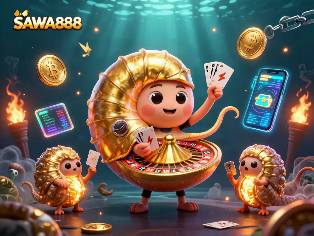 Experience SAWA888's vibrant casino world with a giant nautilus and glowing crypto elements.