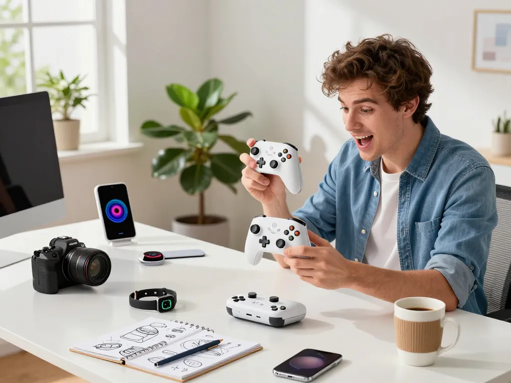 Explore cool tech gadgets under $176 with a young man testing various innovative devices in a bright workspace, showcasing modern technology.
