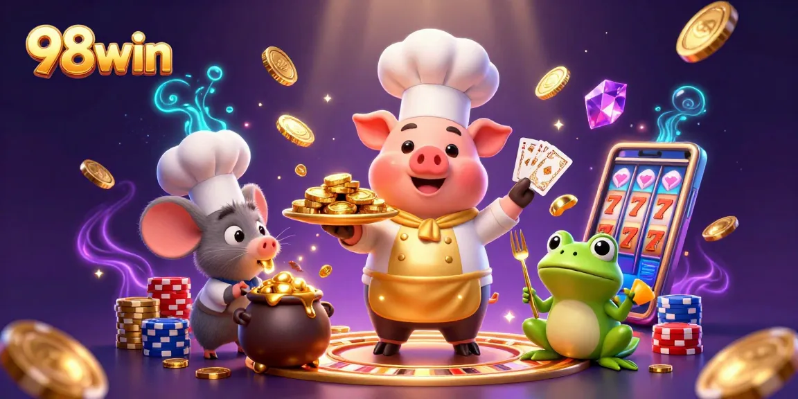 Experience excitement with 98win as the chef pig serves gold coins amidst casino elements.