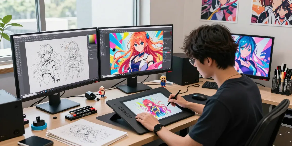 Creative process for ai ecchi digital art design in a vibrant studio