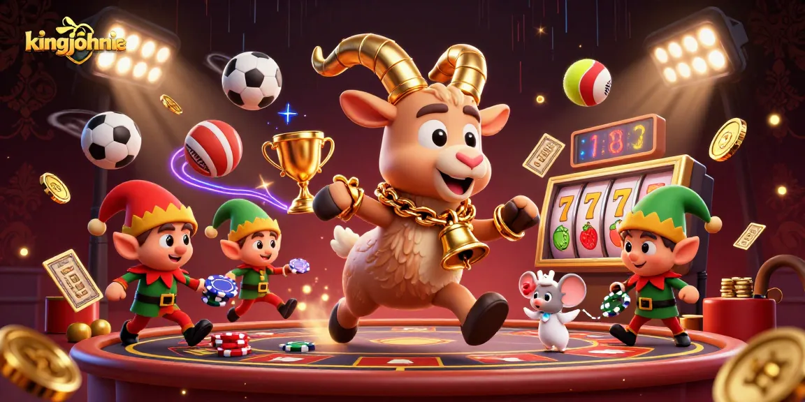 Experience the thrill of kingjohnnie's casino with a festive Krampus and playful characters.