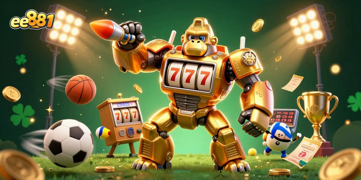 Experience thrilling gaming with ee881 and a vibrant 3D illustration of a golden gorilla mech surrounded by dynamic sports elements.