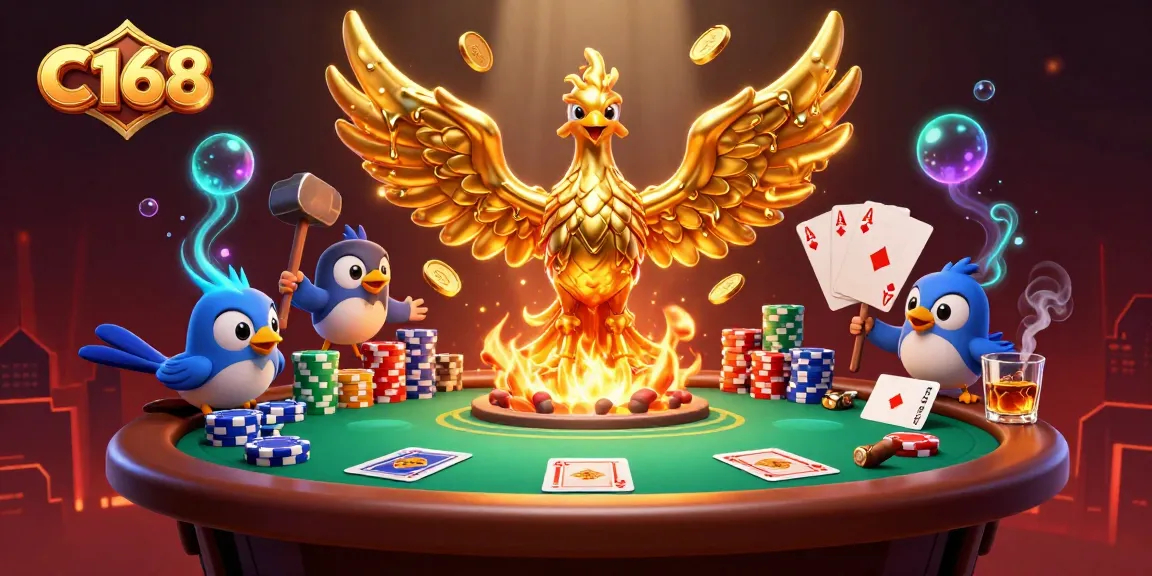 Experience thrilling gameplay at C168 with a dynamic 3D illustration featuring golden phoenix, poker chips, and vibrant gaming atmosphere.