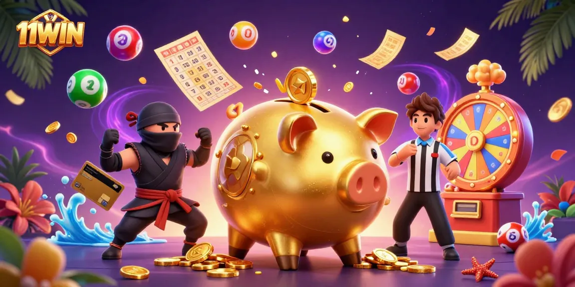 Experience thrilling wins with 11WIN, as colorful lottery balls rain in a vibrant casino scene.
