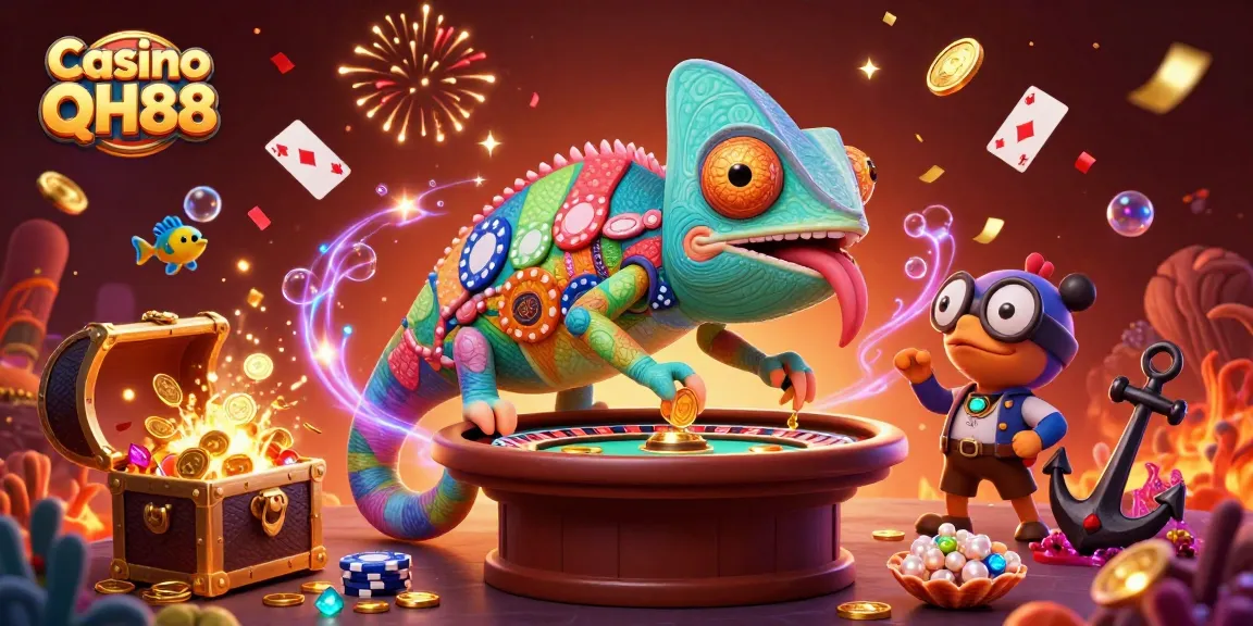 Casino QH88 chameleon captures golden coins in a vibrant 3D casino scene.