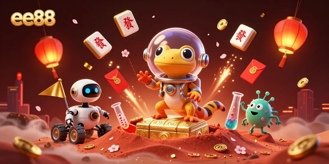 ee88 showcases a vibrant Martian gecko encountering a buried casino, rich with gaming elements and celebrations.