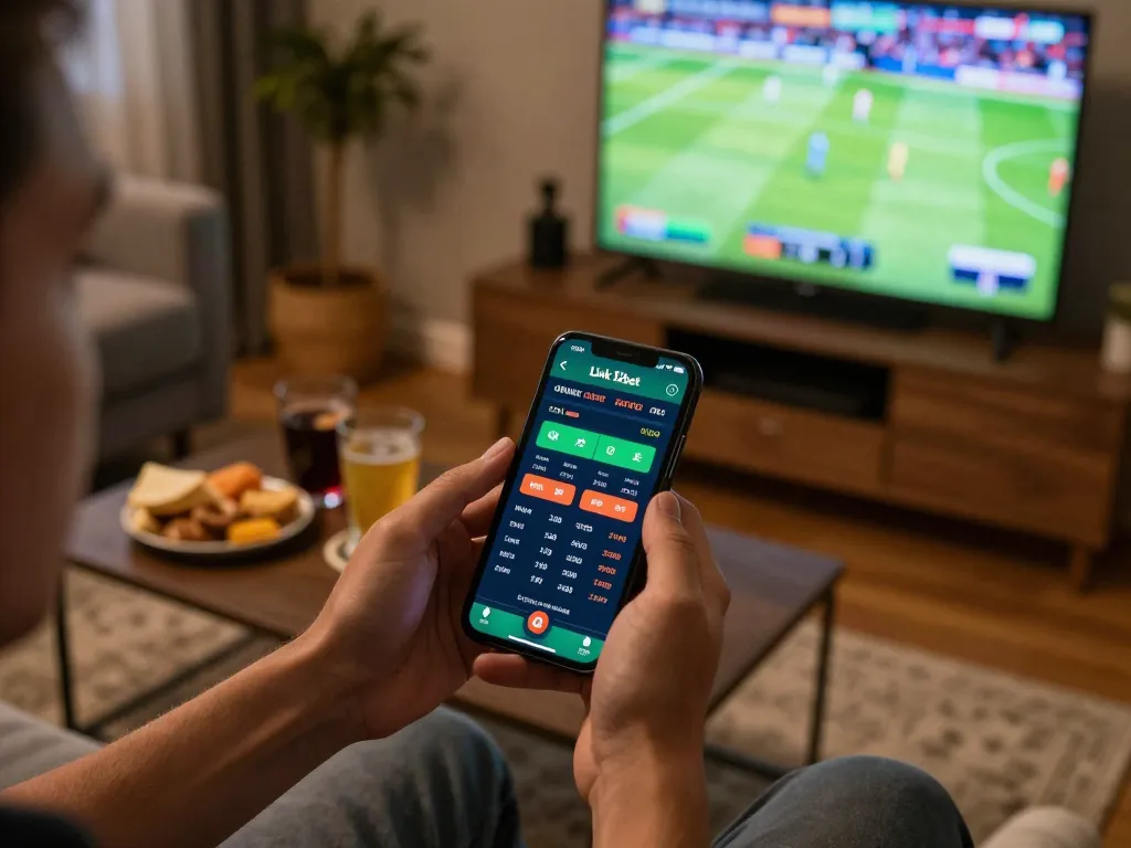 Đặt cược bằng ứng dụng Liên Kết 12bet trong một trận đấu thể thao trực tiếp, trình bày một bố trí chơi tại nhà.
