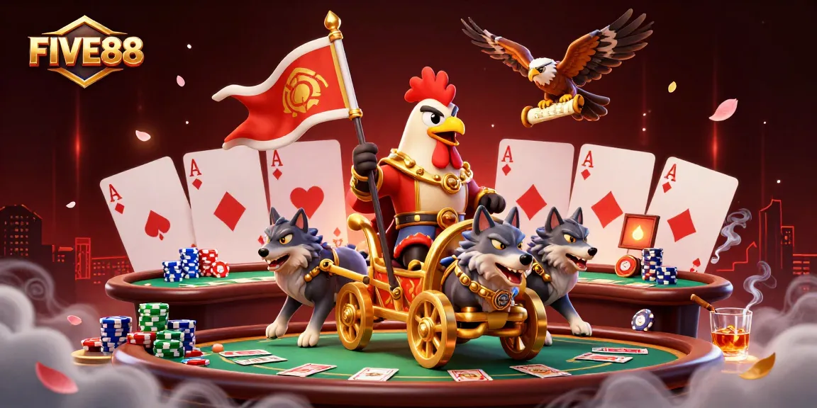 FIVE88 casino illustration featuring a rooster warlord with poker elements and vibrant colors.