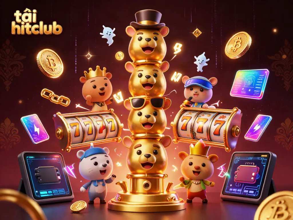 Engage with exciting components of tải hitclub featuring vibrant slot reels, totem pole, and crypto coins.