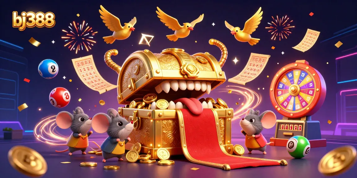 Engage with bj388's adventure through colorful lottery elements and a captivating treasure scene.