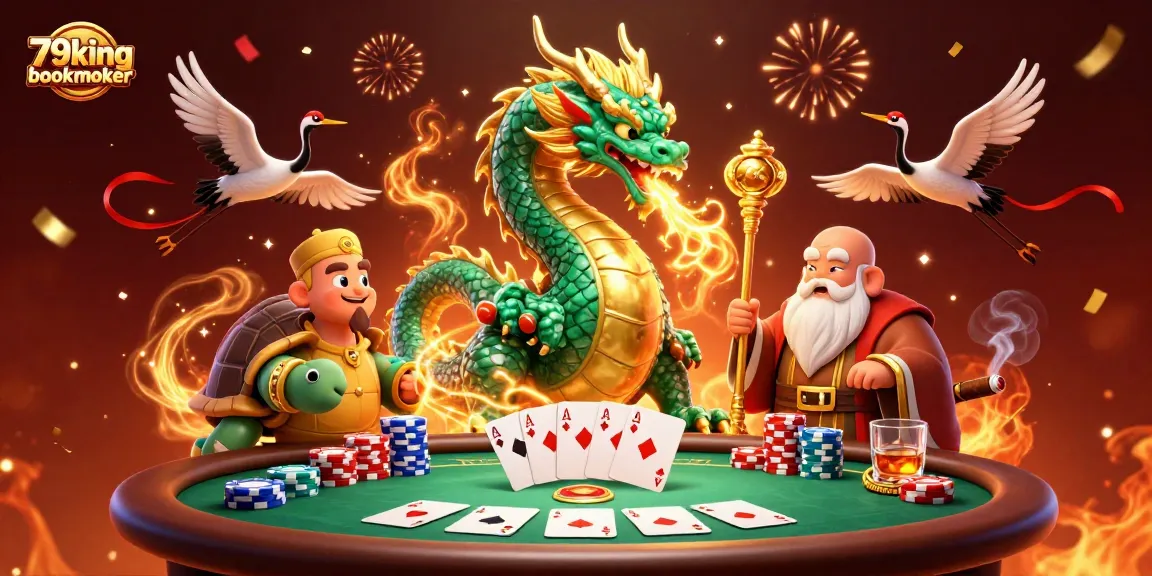 Experience the excitement of 79king bookmaker with a vibrant casino scene featuring a jade dragon and poker elements.